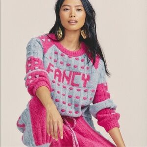 LoveShackFancy Ellyn Crewneck Pullover Pink and Gray Sweater M